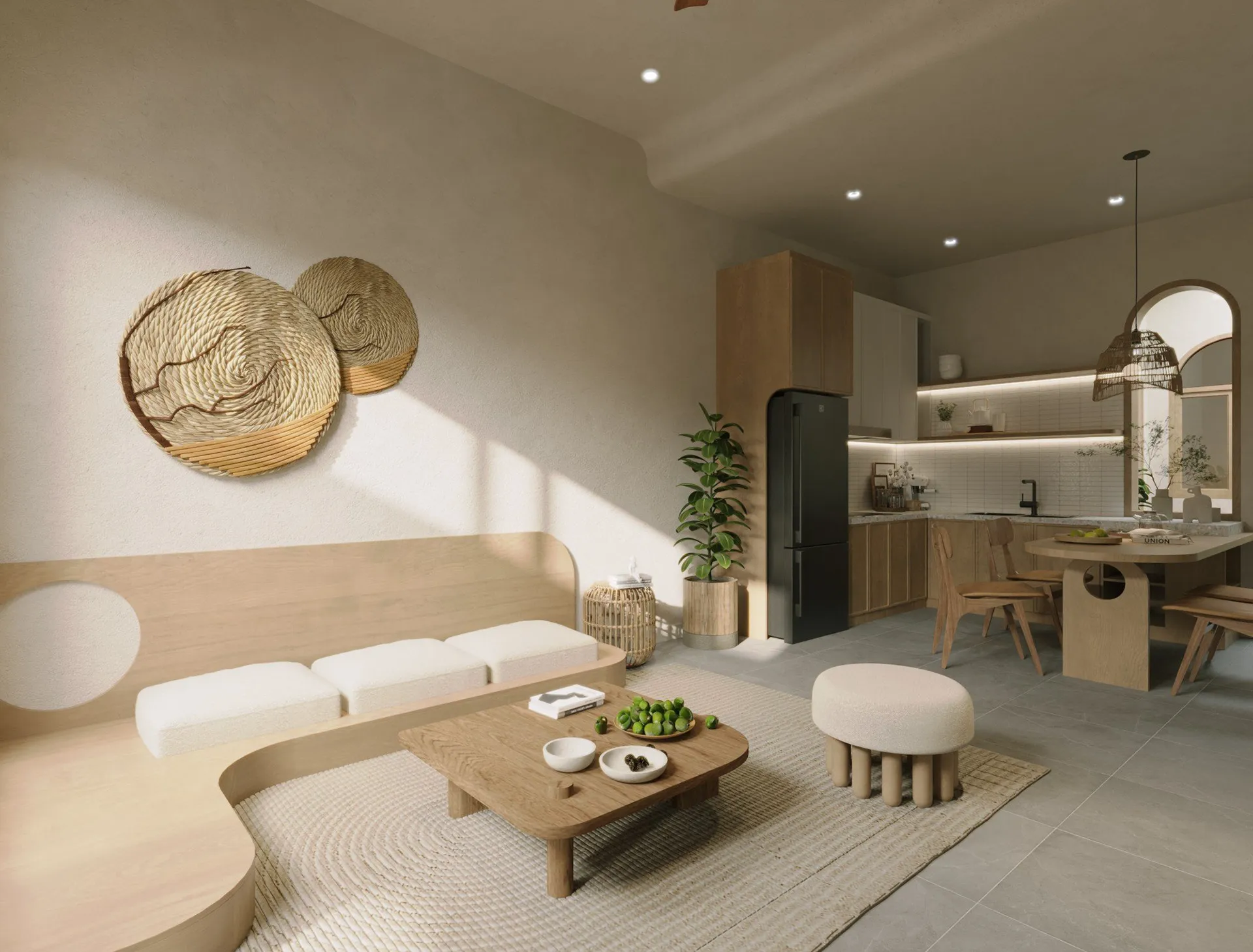 thiết kế phòng khách liên thông với bếp nhà cấp 4