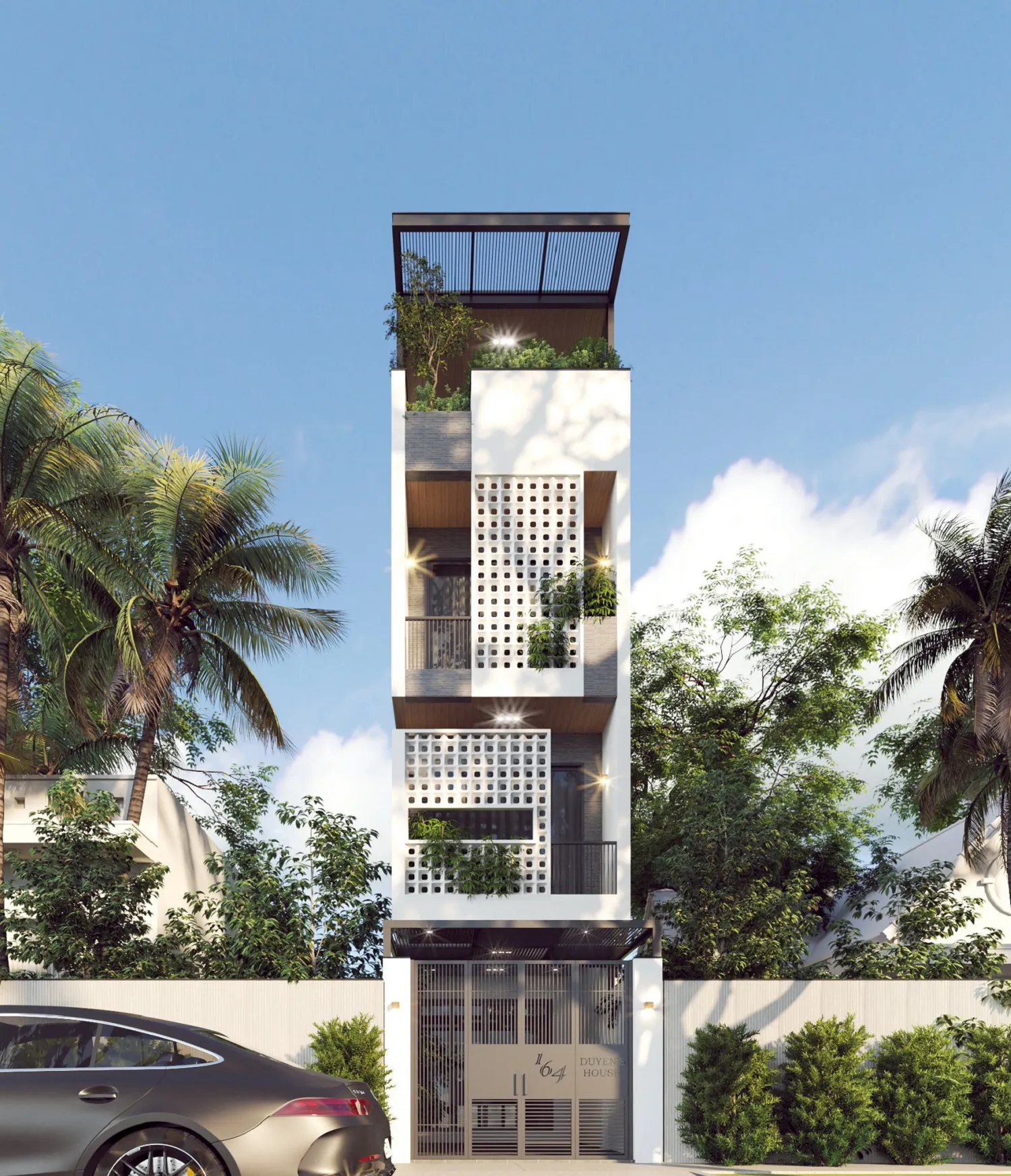 mẫu nhà mặt tiền 4m kiến trúc 4 tầng có sân thượng