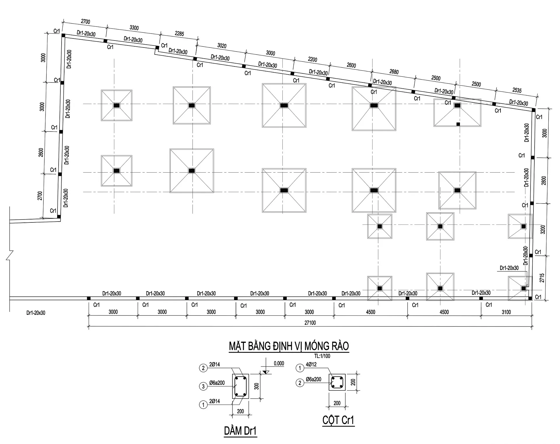 bản vẽ mặt bằng móng đơn sử dụng nhà 3 tầng