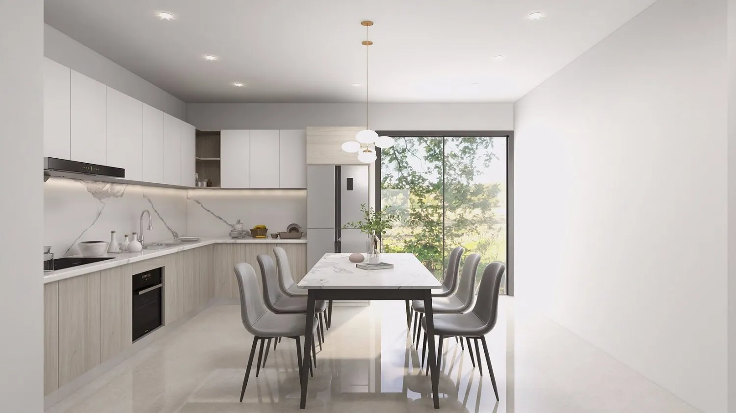 Bàn bếp đá marble trắng vân xám kết hợp vòi nước inox, chất liệu hợp mệnh Kim và Thổ cho nhà bếp.