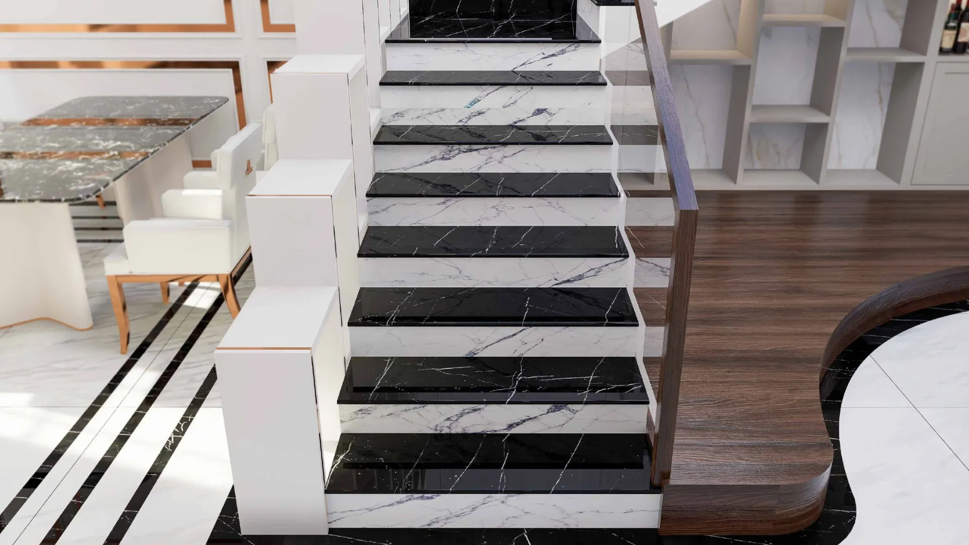 đá marble đen tia chớp ứng dụng thi công cầu thang
