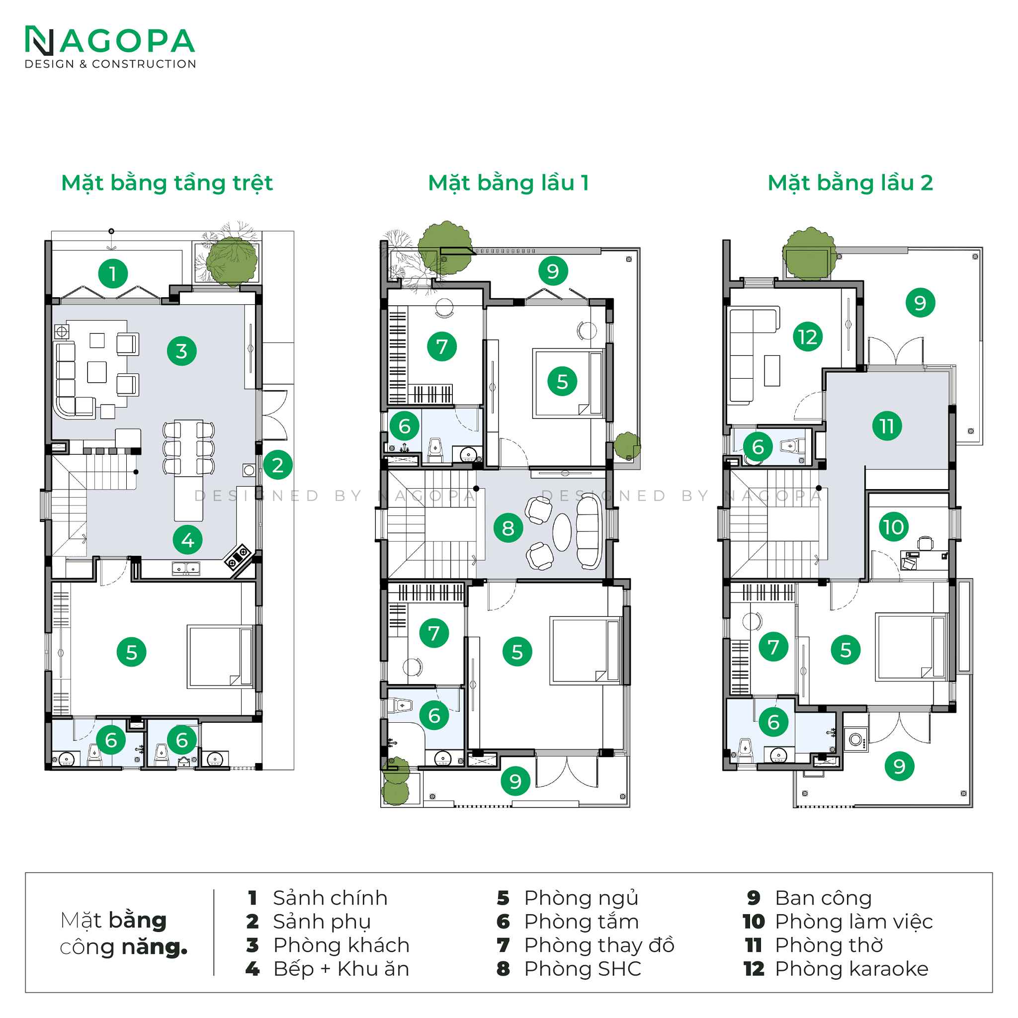 mặt bằng bố trí công năng nhà 3 tầng 4 phòng ngủ hiện đại tiện nghi