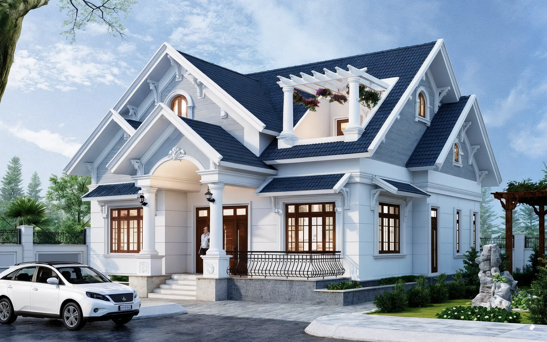 Mẫu biệt thự 1 tầng mái thái 120m2 tân cổ điển