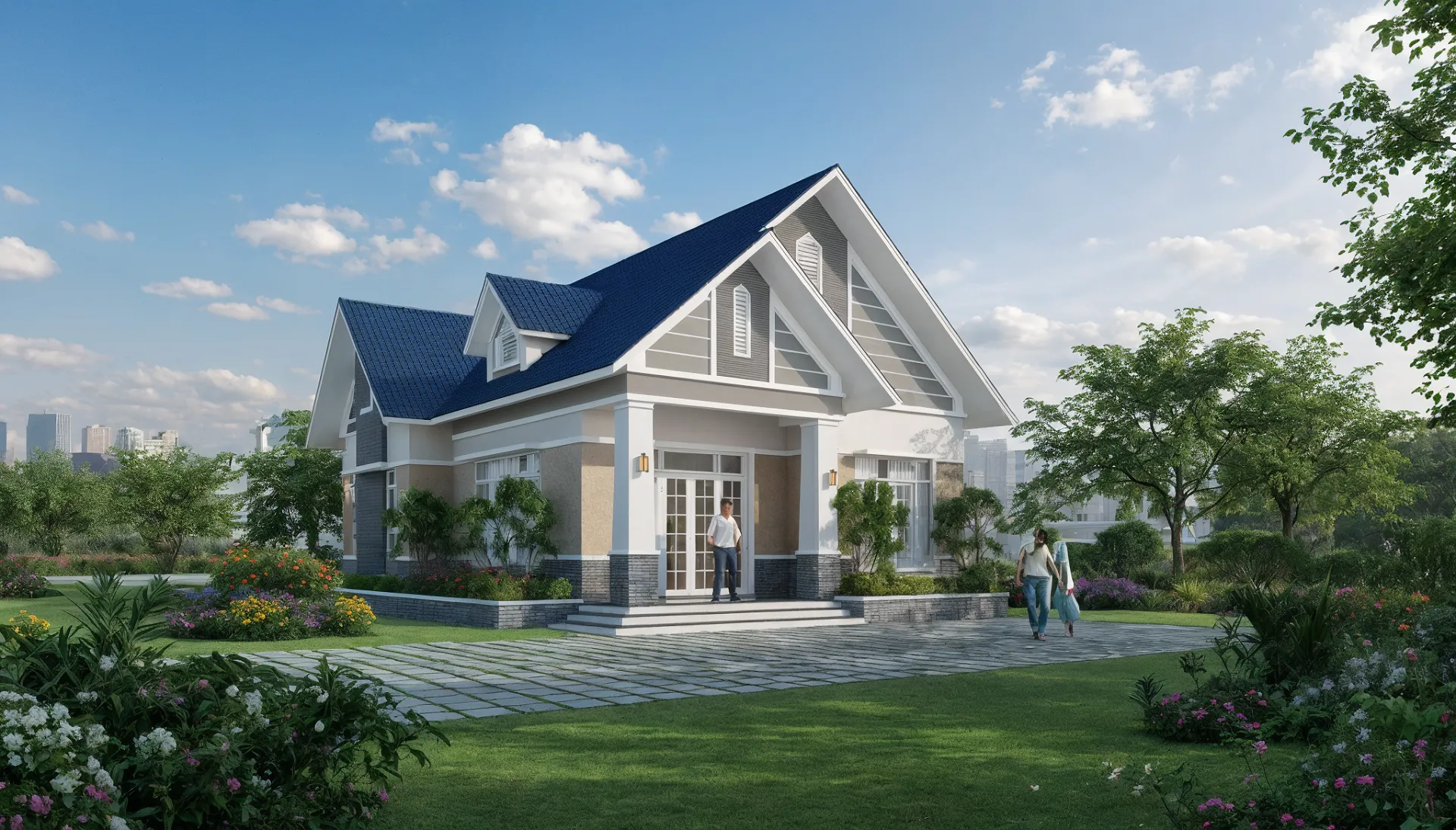 Biệt thự 1 tầng mái thái hiện đại, có sân vườn rộng rãi.