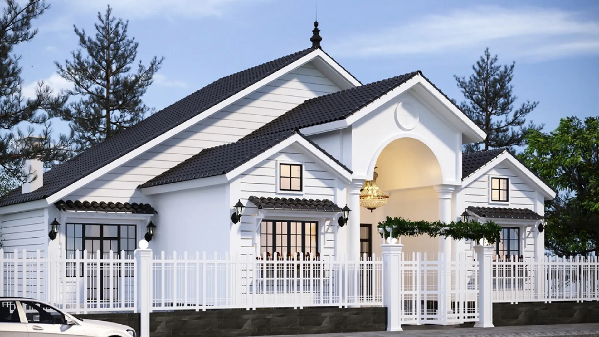 Mẫu biệt thự 1 tầng mái thái tân cổ điển màu trắng kem