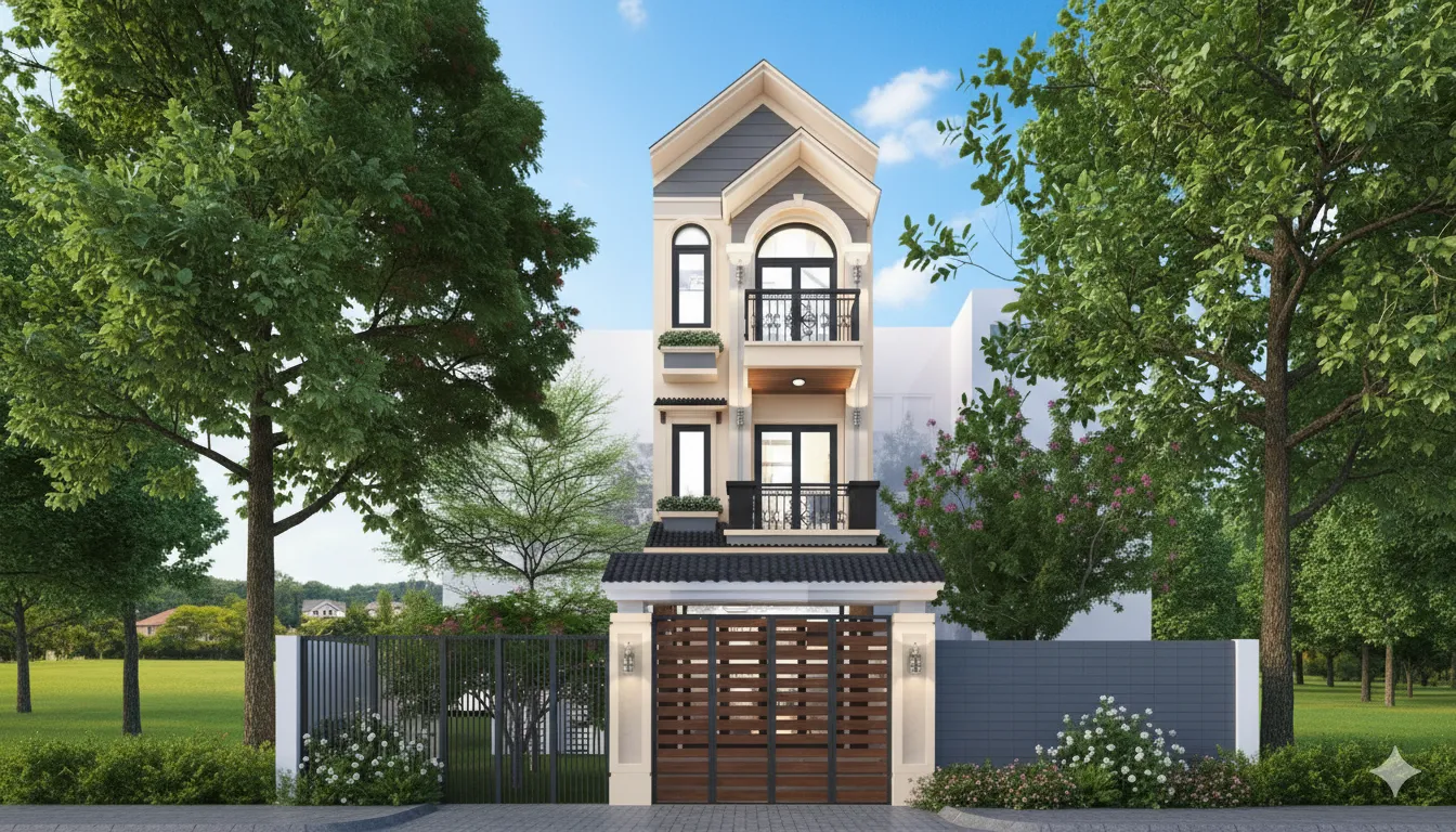 mẫu nhà ống mái thái 3 tầng hiện đại mặt tiền 5m