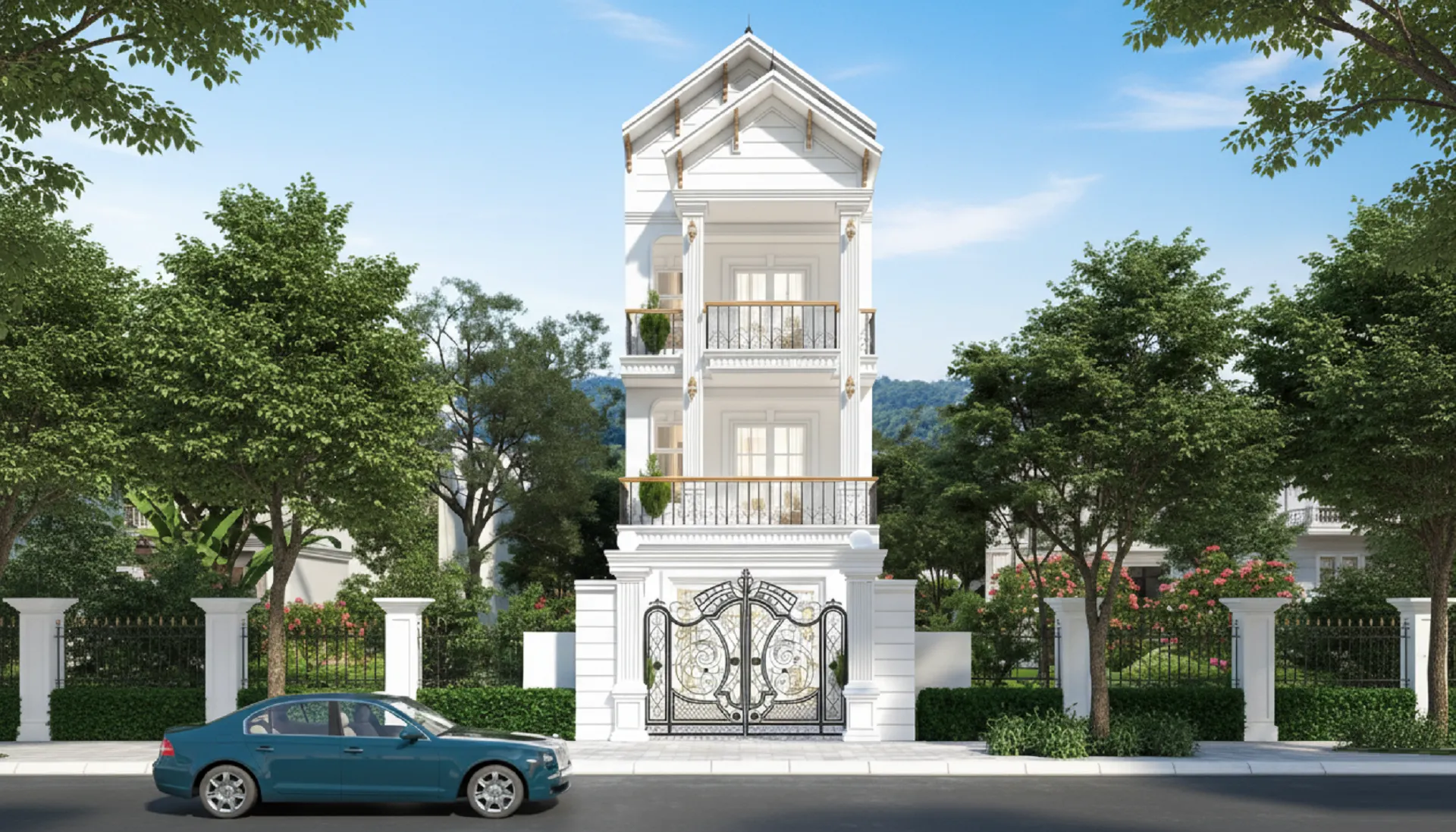 mẫu nhà ống mặt tiền mái thái 3 tầng có sân vườn nhỏ