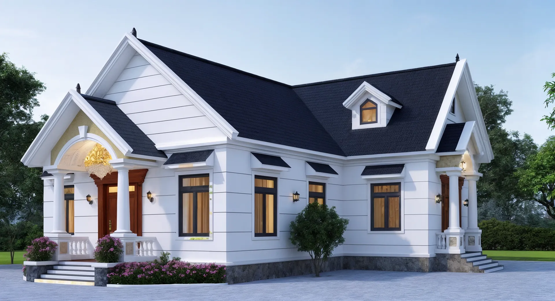 mẫu thiết kế biệt thự 1 tầng chữ L