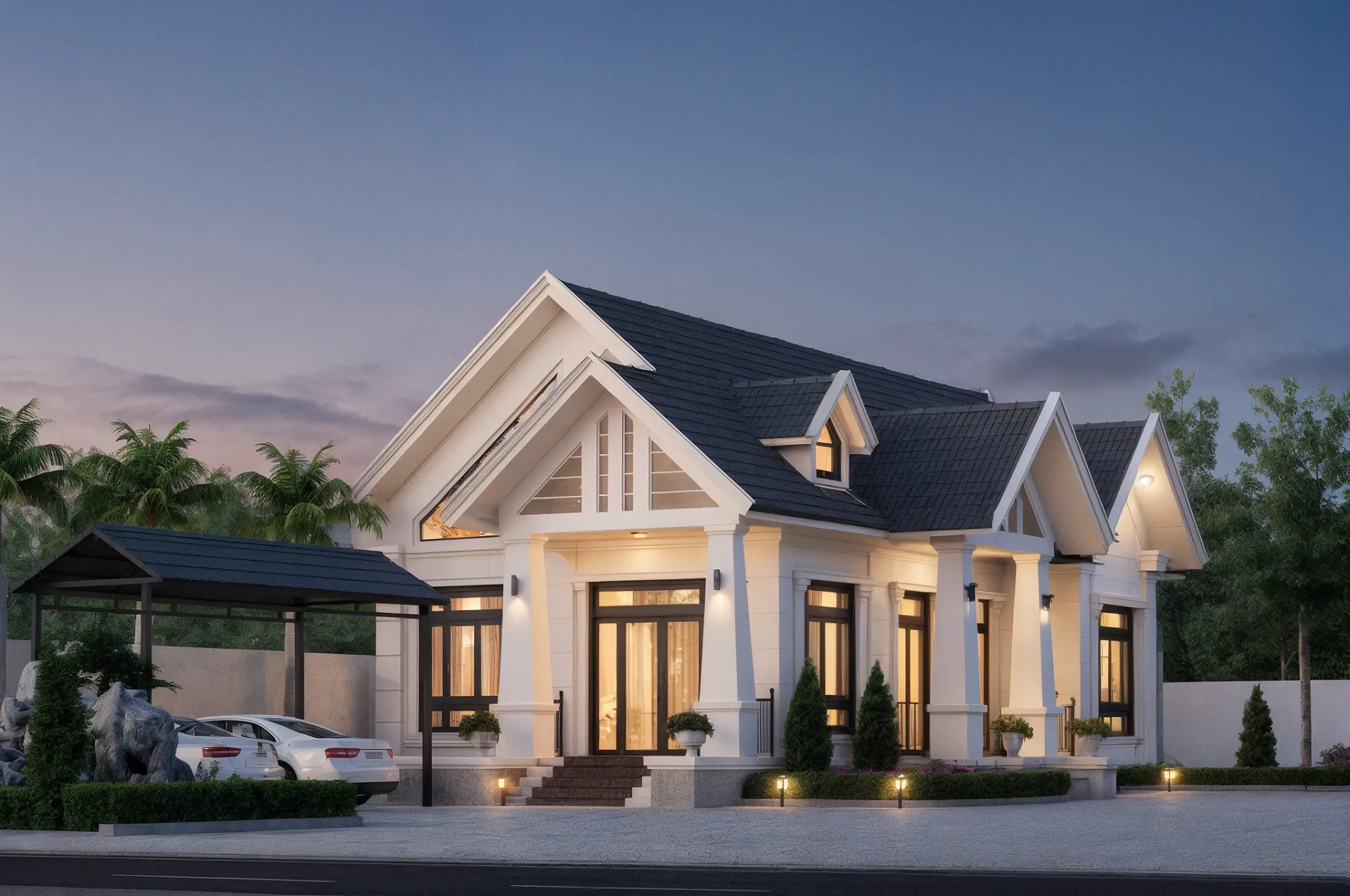 Biệt thự 1 tầng mái thái 120m2 phong cách tối giản
