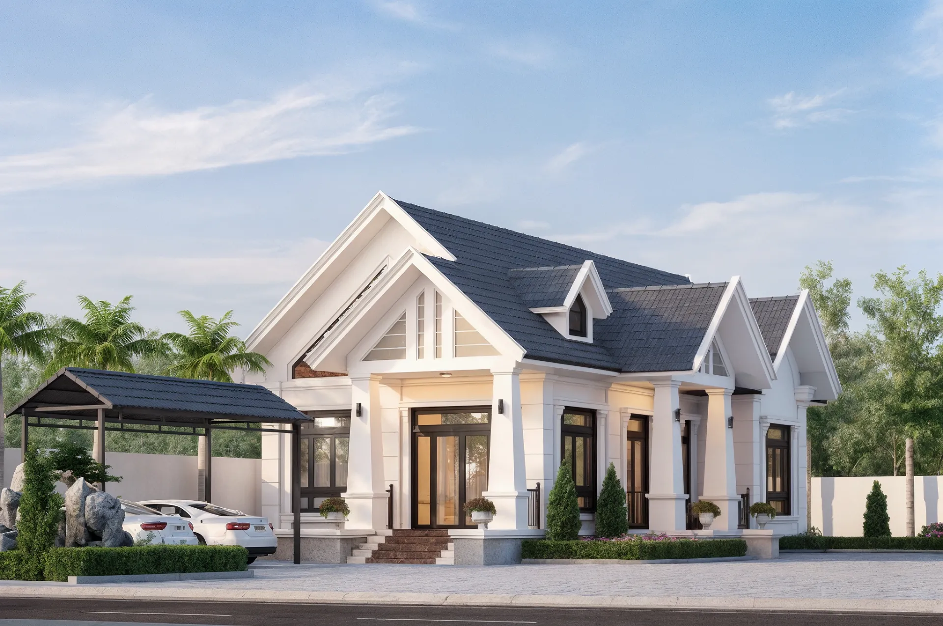 Biệt thự 1 tầng mái thái 120m2 phong cách tối giản