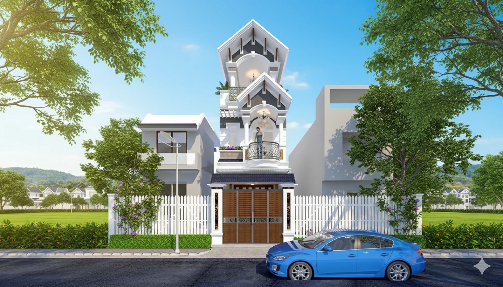 mẫu thiết kế nhà ống 3 tầng mặt tiền mái thái ban công uốn lượn