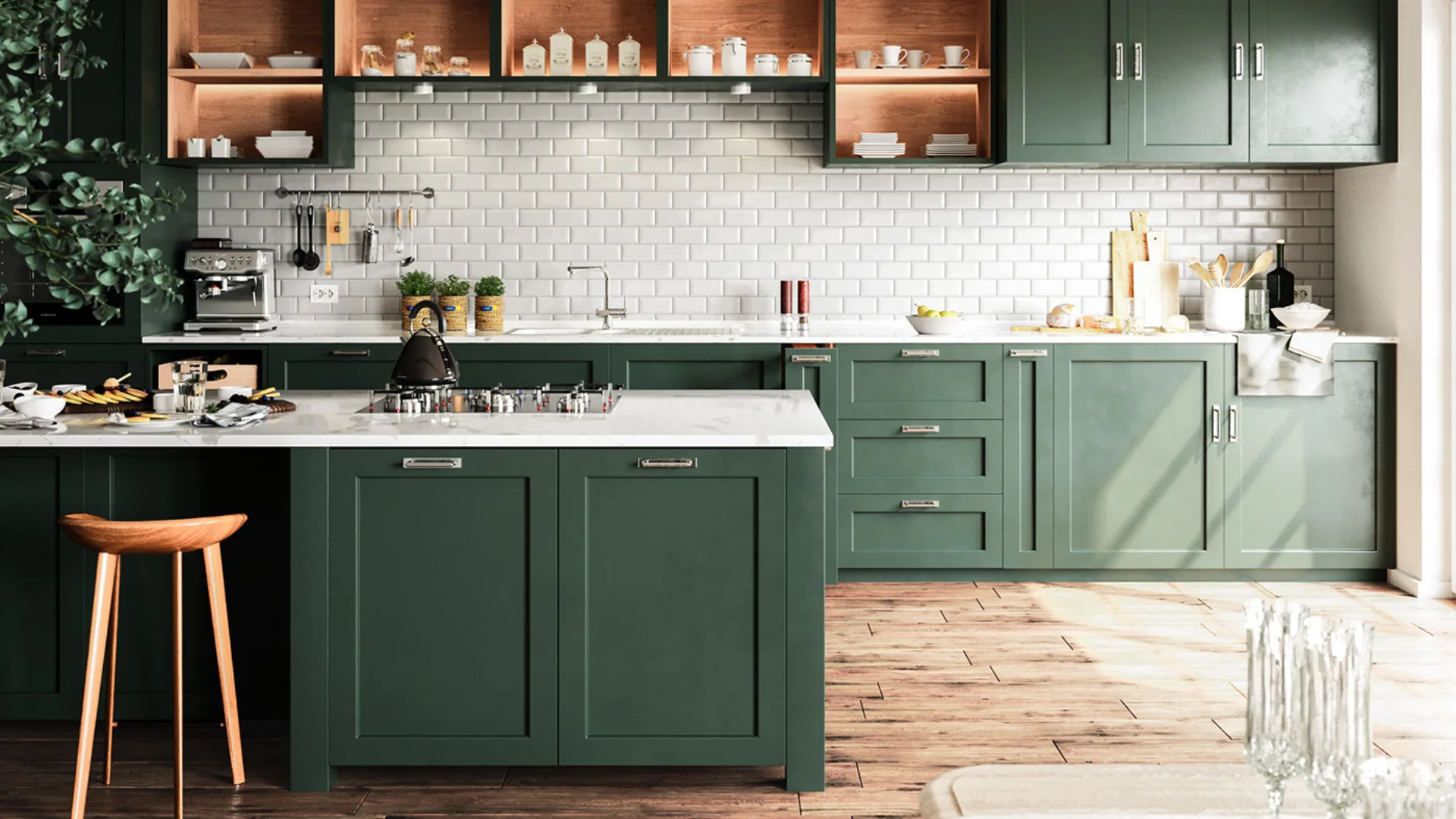 Thiết kế phòng bếp với tủ bếp màu xanh mang lại sự ấm cúng và hợp phong thủy cho người mệnh Mộc.