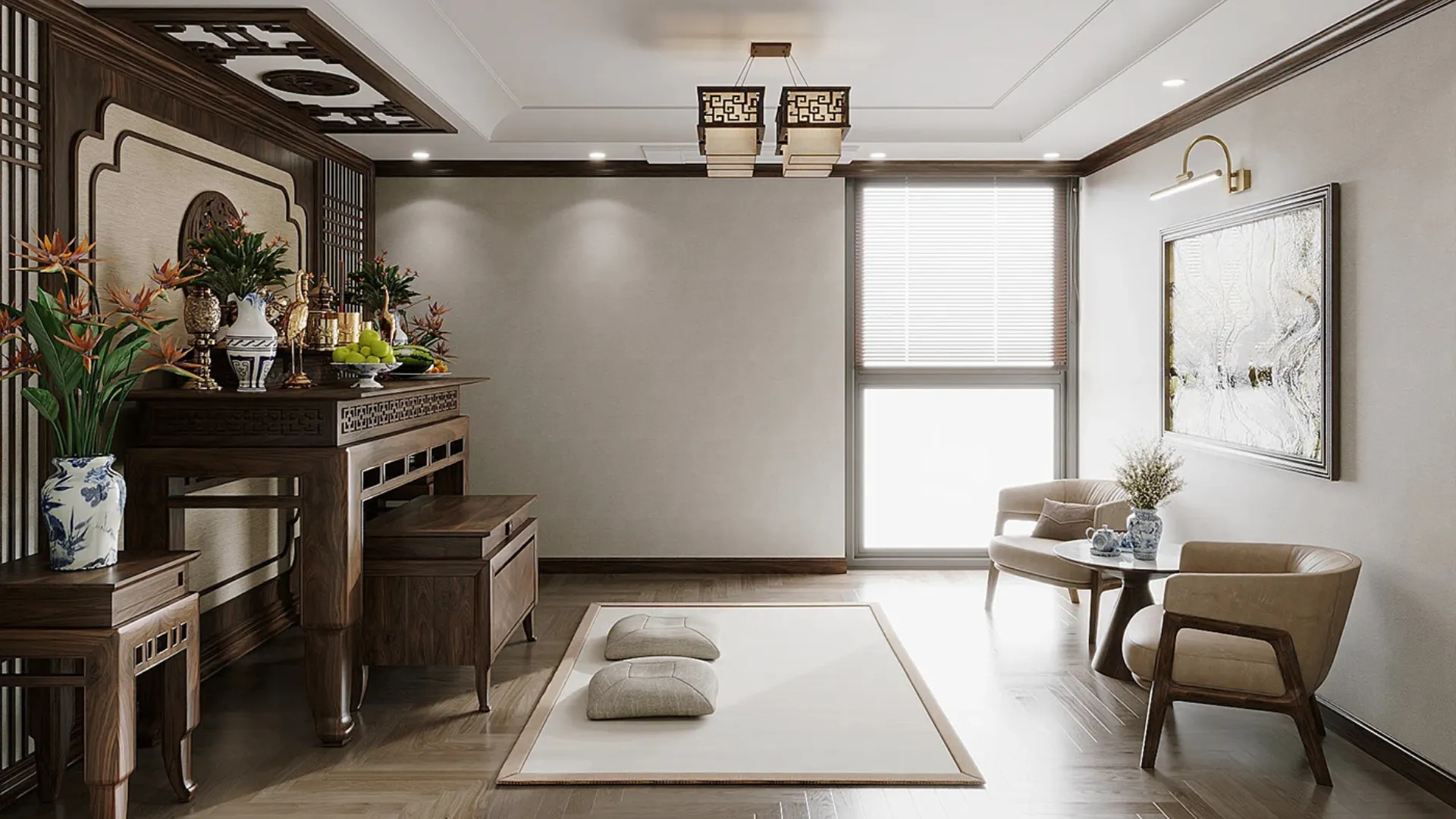 thiết kế phòng thờ với tủ gỗ tự nhiên