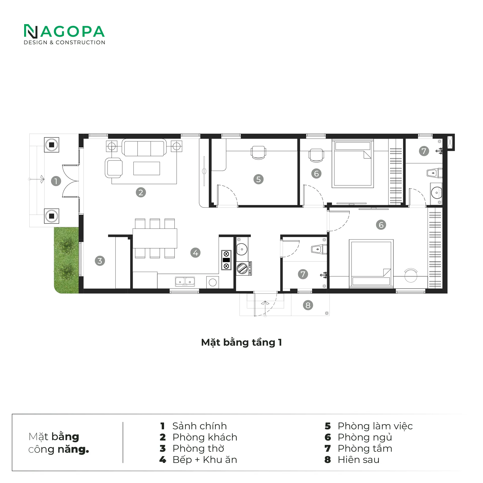 mặt bằng nhà cấp 4 ngang 7m 3 phòng ngủ