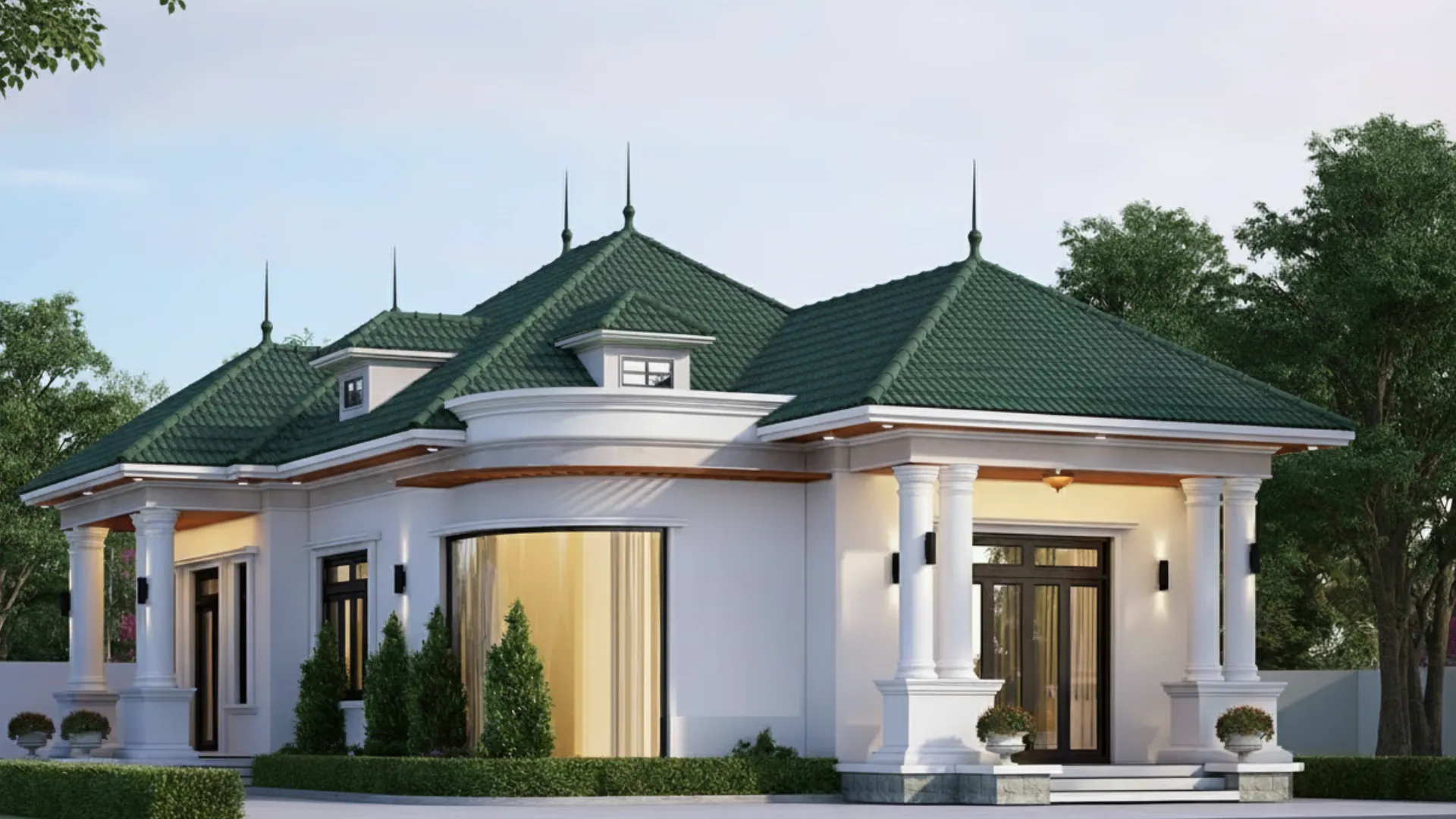 Mẫu nhà 3 phòng ngủ mái Nhật tân cổ điển, mặt tiền có sảnh lớn.