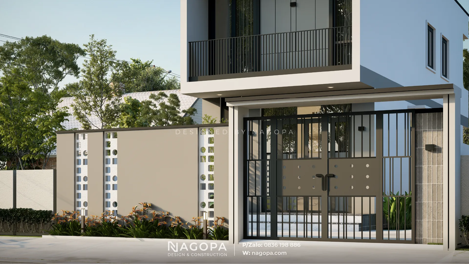 Chi tiết cổng và tường rào của Thiết kế Nhà Phố 5x12m, sử dụng mảng khối xám và họa tiết ô vuông tối giản.