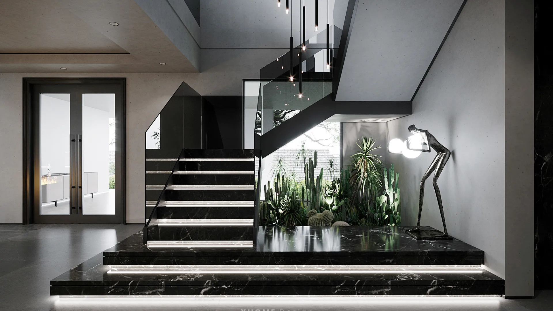 Cầu thang ốp đá nung kết đen vân marble