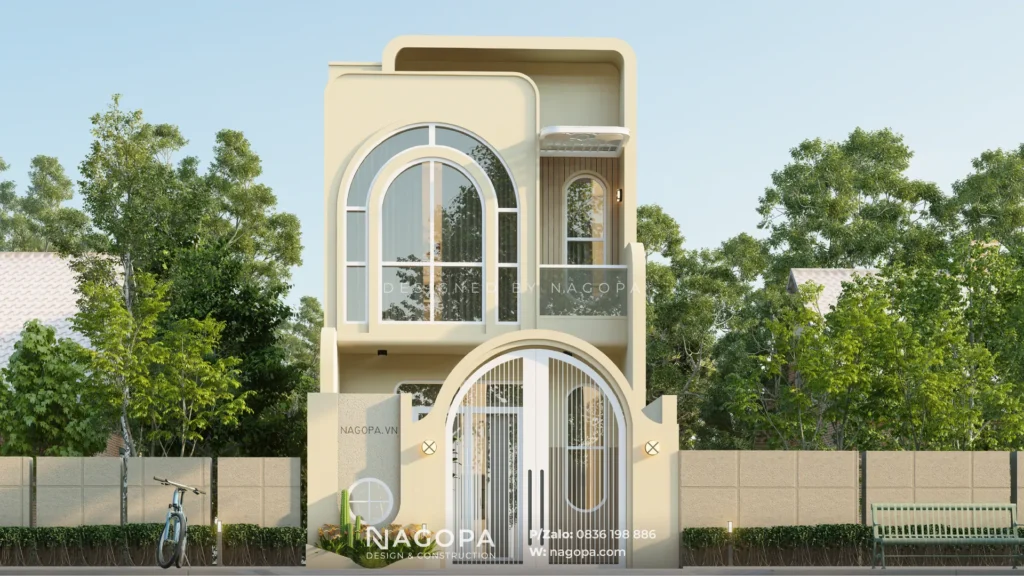 Mặt tiền nhà phố 2 tầng kiến trúc vòm cong hiện đại, màu kem sang trọng tại Thủ Dầu Một - Nhật Anh House GO2564.