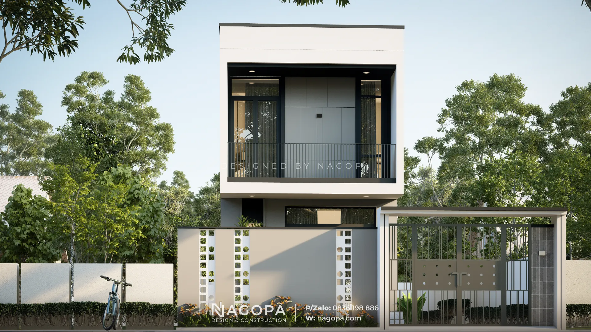 Mặt tiền Nhà Phố 2 Tầng Hiện Đại 5x12m với khối hộp tối giản và sự tương phản Đen-Trắng - Square House GO2571.