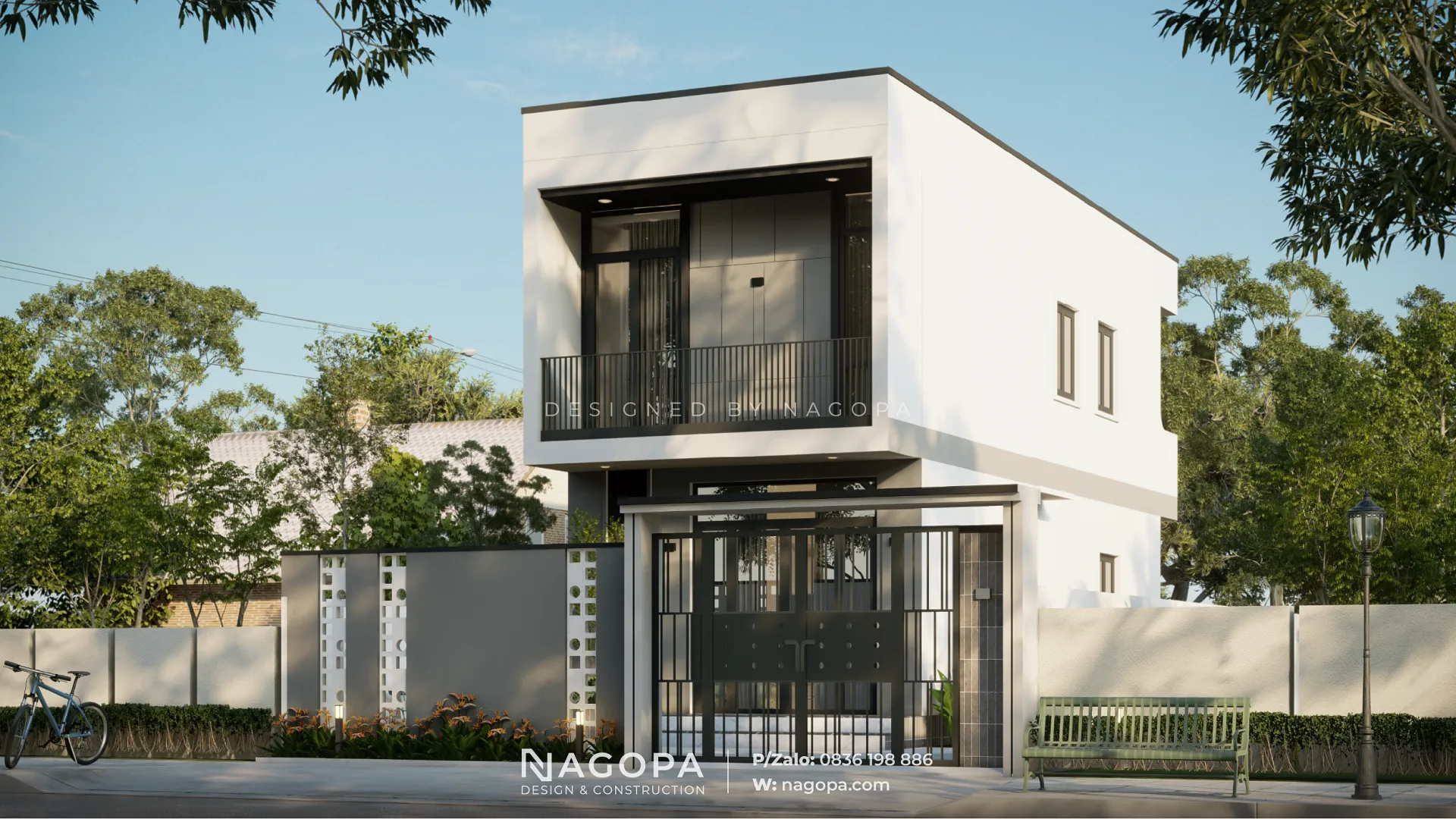 Phối cảnh ngoại thất Thiết kế Nhà Phố 5x12m Tối ưu Công năng, nhấn mạnh kiến trúc Modern Box.