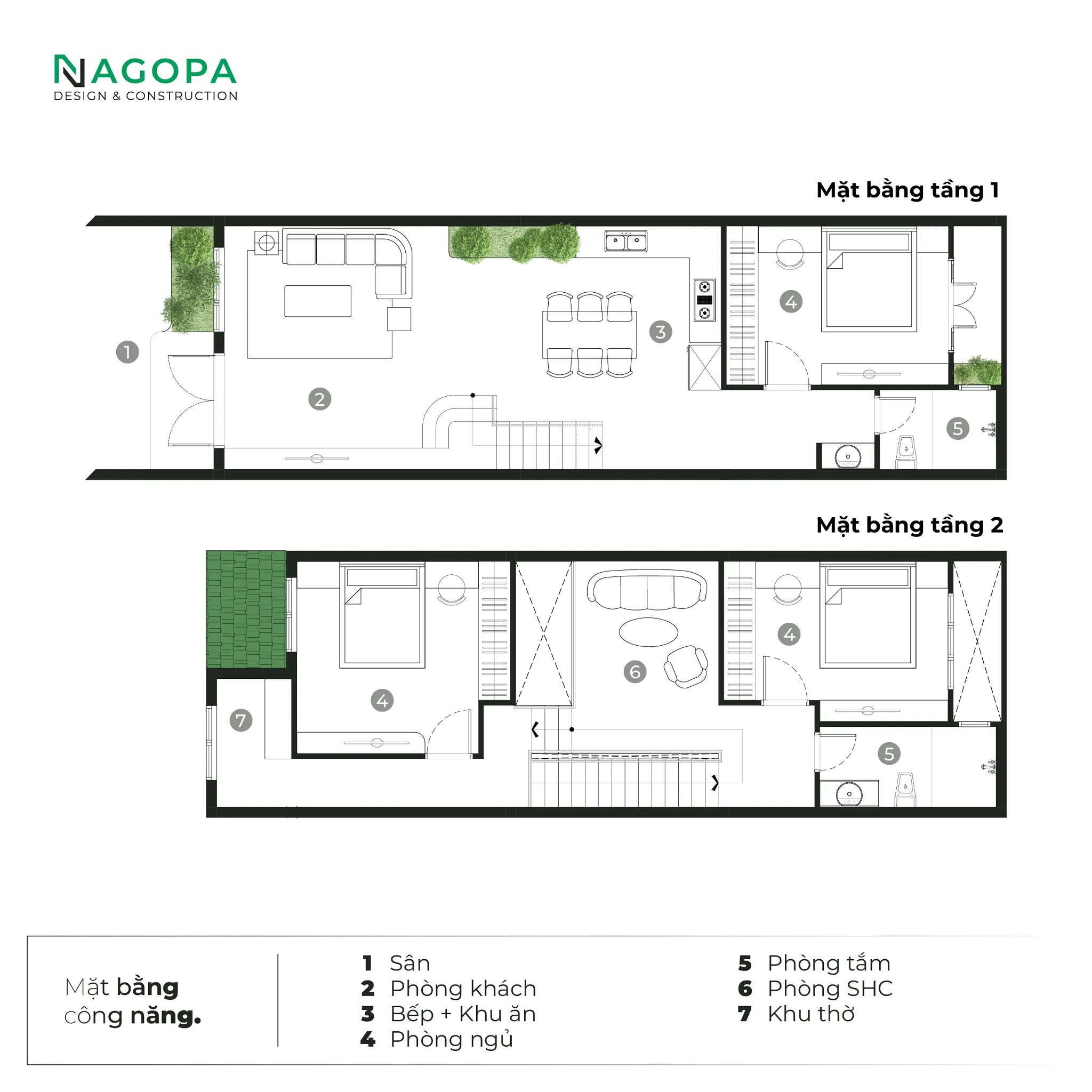 phương án công năng nhà 2 tầng 5x15 3 phòng ngủ