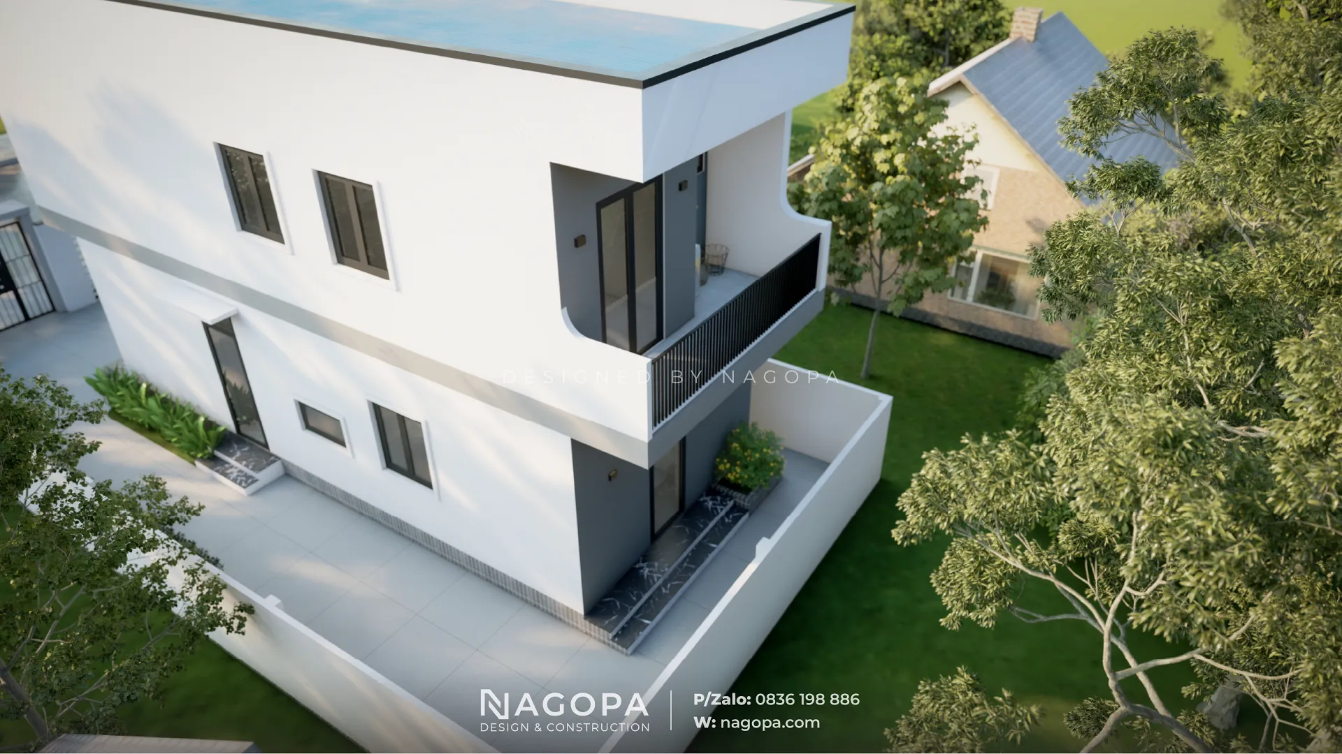 Tầm nhìn sân thượng và sân hông, minh họa giải pháp Tối ưu Công năng cho Nhà 5x12m hẹp.