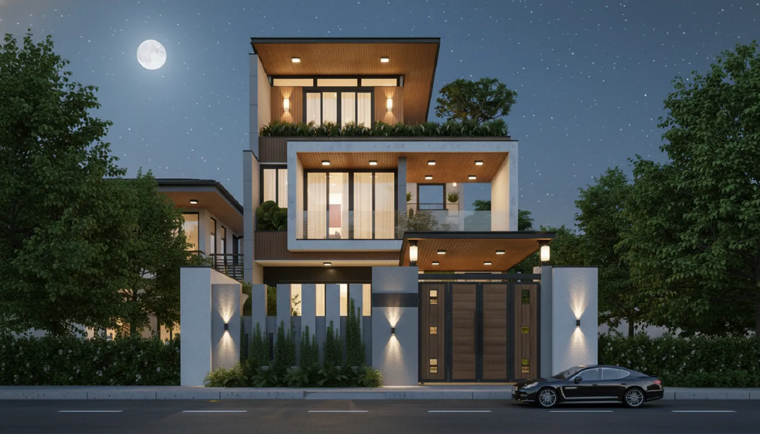 Mẫu nhà 1 trệt 2 lầu mặt tiền 8m lunh linh về đêm