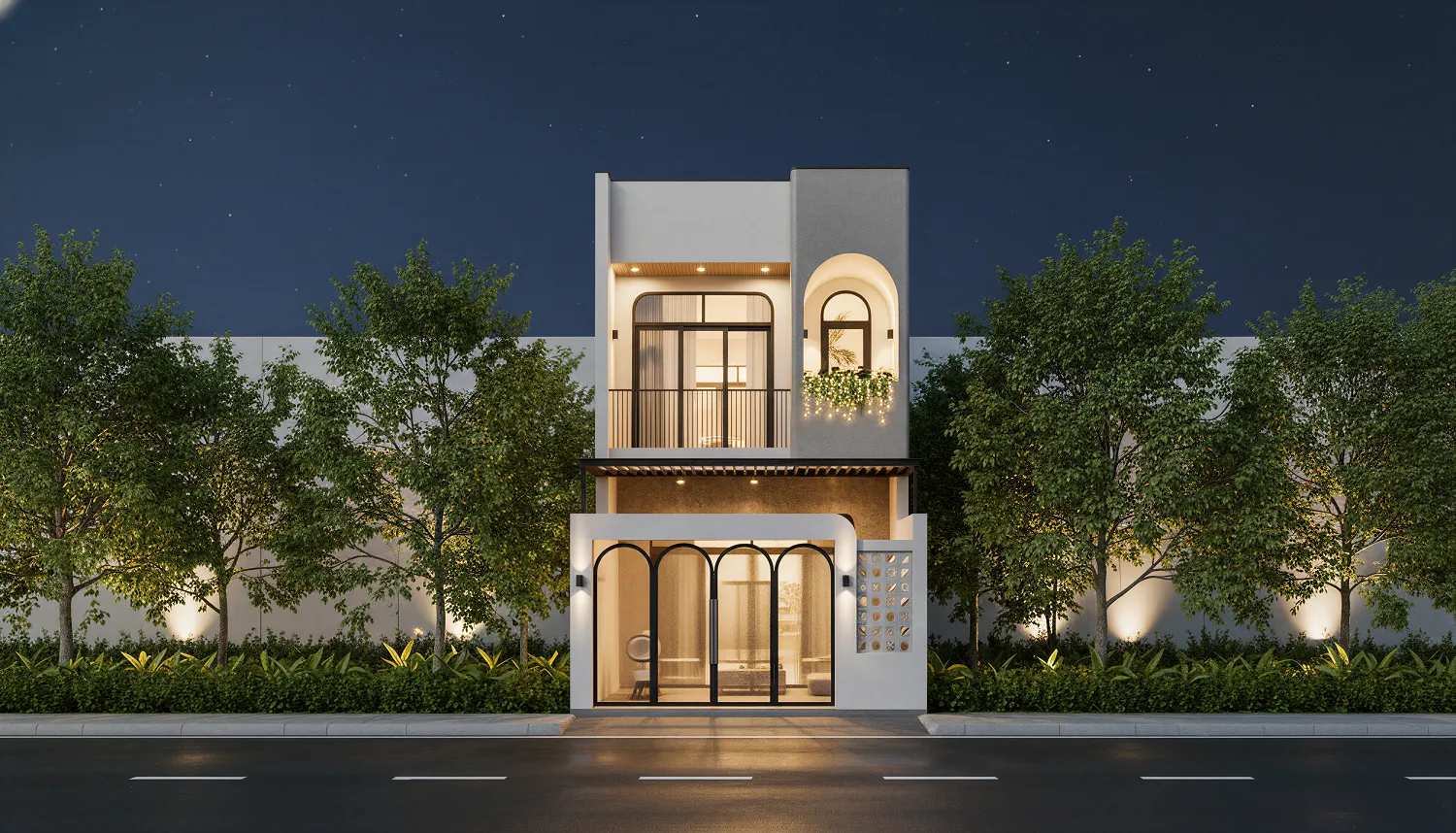 Mẫu nhà 1 trệt 1 lầu 5×16 phong cách Địa Trung Hải với đường nét vòm mềm mại