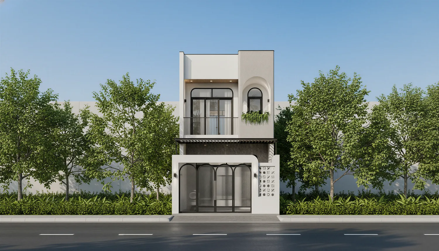 Mẫu nhà 1 trệt 1 lầu 5×16 phong cách Địa Trung Hải với đường nét vòm mềm mại