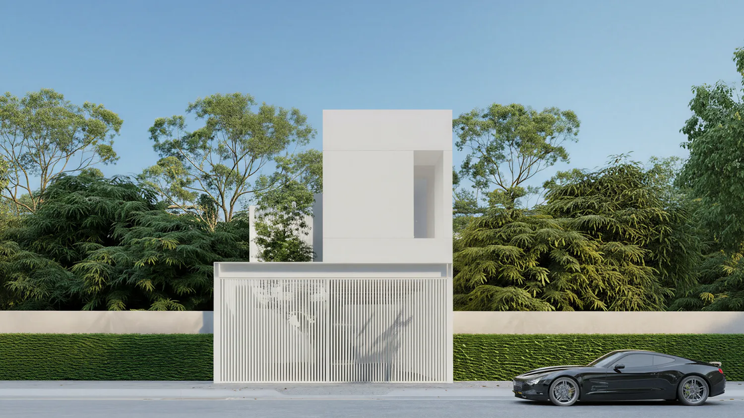 Mẫu nhà 2 tầng 6x20m Hiện đại khối hộp tối giản tone trắng tinh khôi