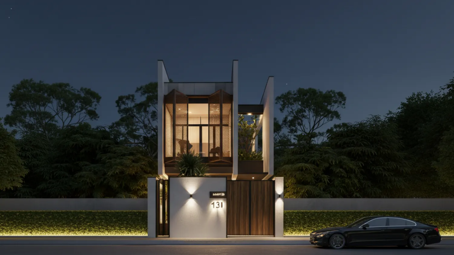 Nhà 2 tầng 6x20m Hiện đại tối giản với lam gỗ trang trí che nắng mặt tiền