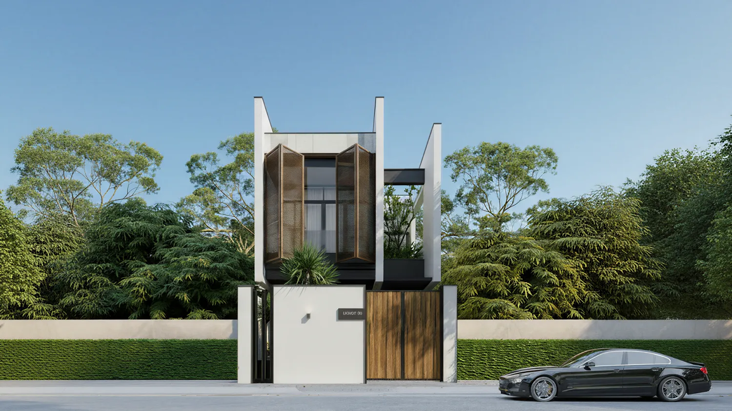 Nhà 2 tầng 6x20m Hiện đại tối giản với lam gỗ trang trí che nắng mặt tiền