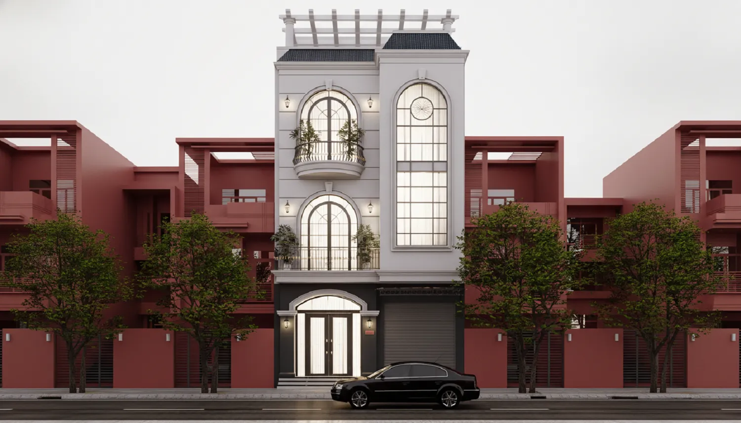 Mẫu nhà 3 tầng mặt tiền 8m kết hợp kinh doanh phong cách tân cổ điển