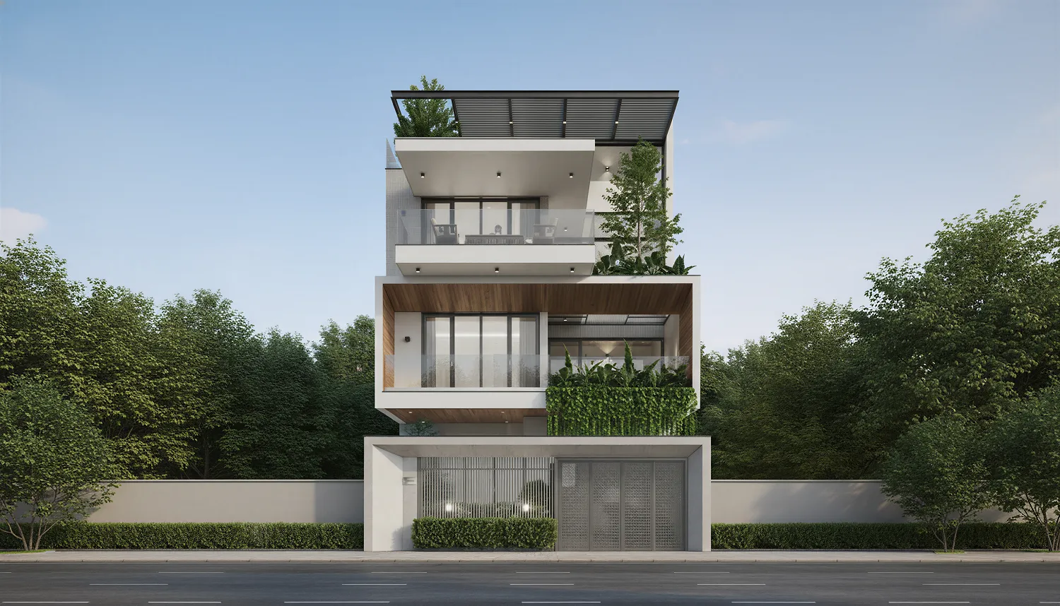 Mẫu nhà biệt thự phố 3 tầng mặt tiền 8m hiện đại, Sự giao thoa giữa hình khối và thiên nhiên