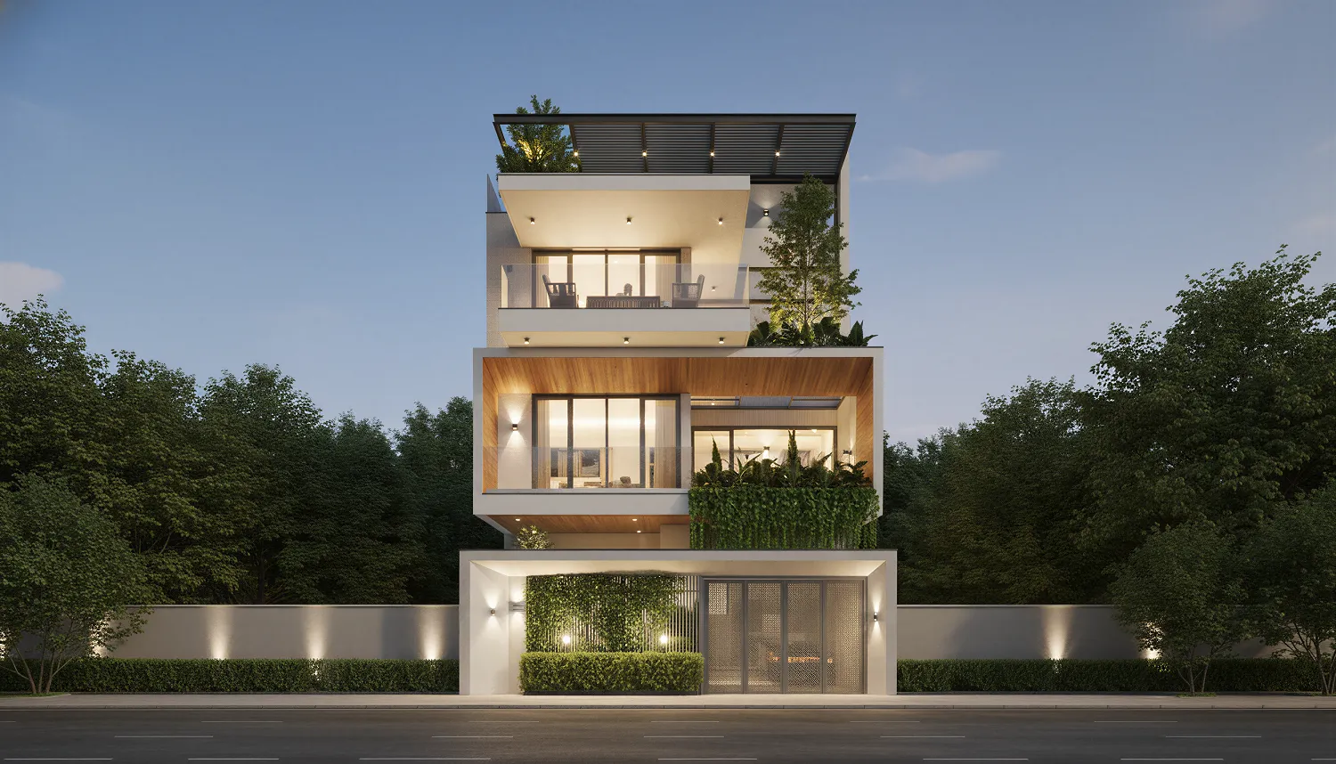 Mẫu nhà biệt thự phố 3 tầng mặt tiền 8m hiện đại, Sự giao thoa giữa hình khối và thiên nhiên