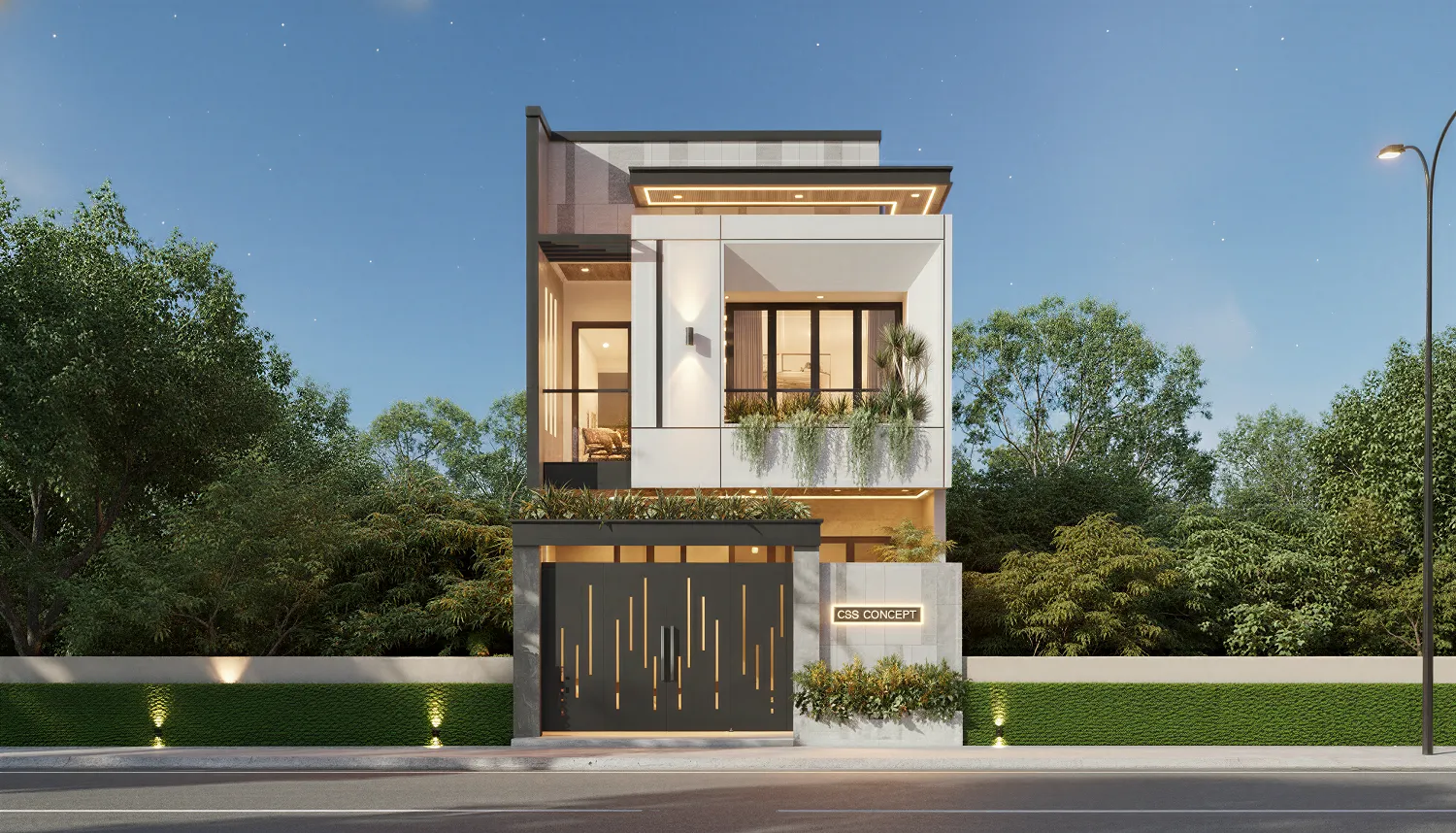 Mẫu nhà mặt tiền 7m 2 tầng hiện đại khối hộp, ban công xanh tinh tế 1