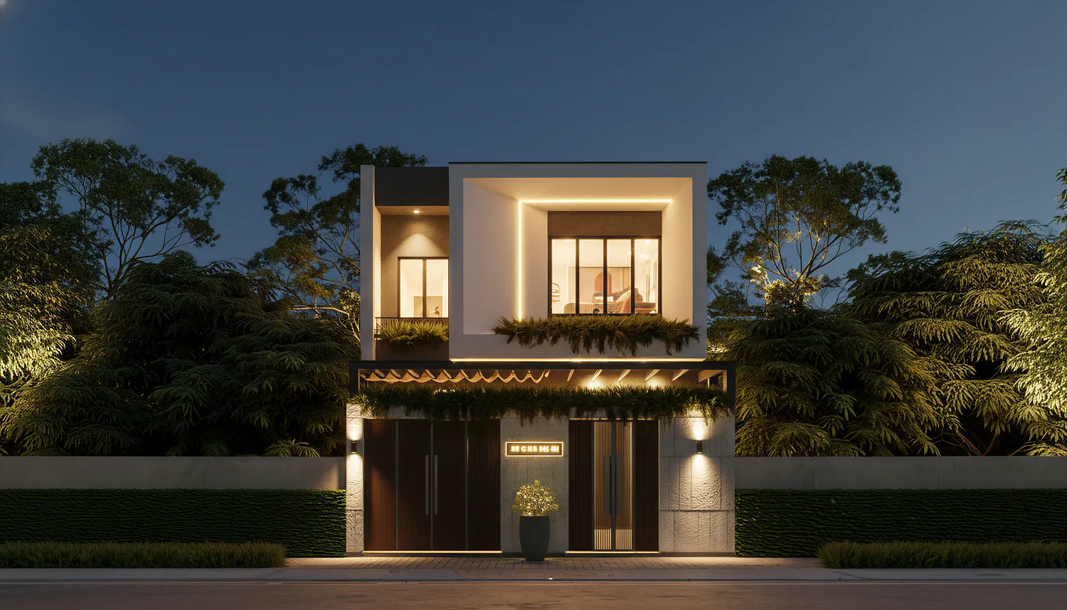 mẫu nhà mặt tiền 7m 2 tầng hiện đại tối giản không gian xanh cảnh ban đêm