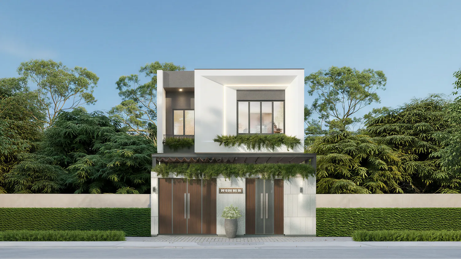mẫu nhà mặt tiền 7m 2 tầng hiện đại tối giản không gian xanh