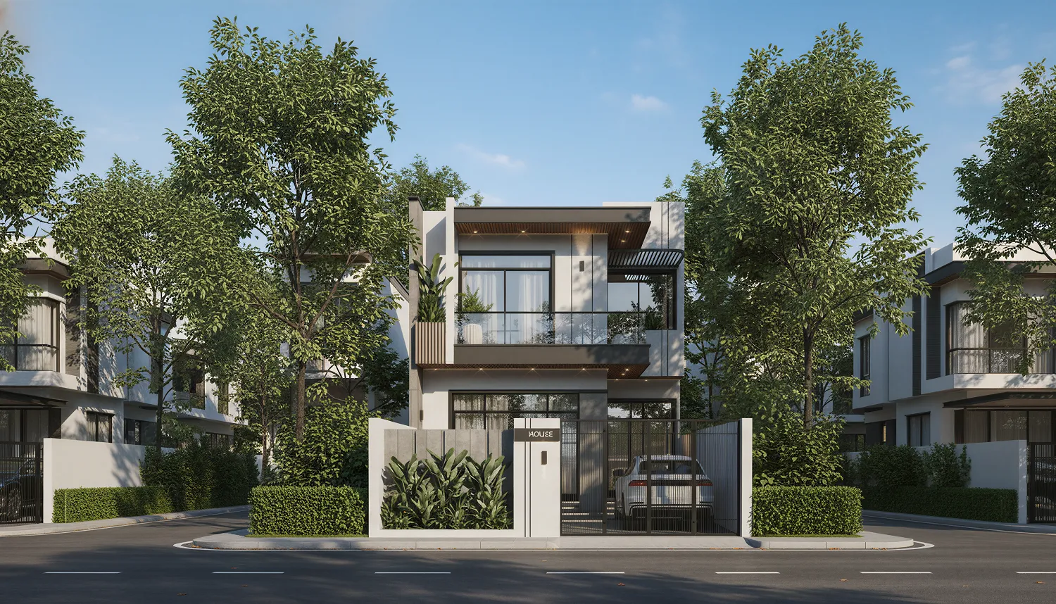 mẫu nhà mặt tiền 7m 2 tầng hiện đại ban công kính kính cường lực thông thoáng