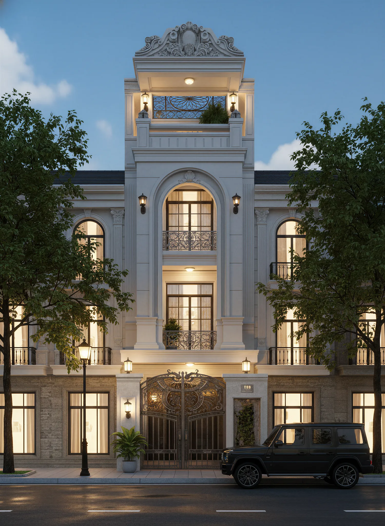 Mẫu nhà ống 4 tầng ngang 4m tân cổ điển màu trắng bề thế ban đêm