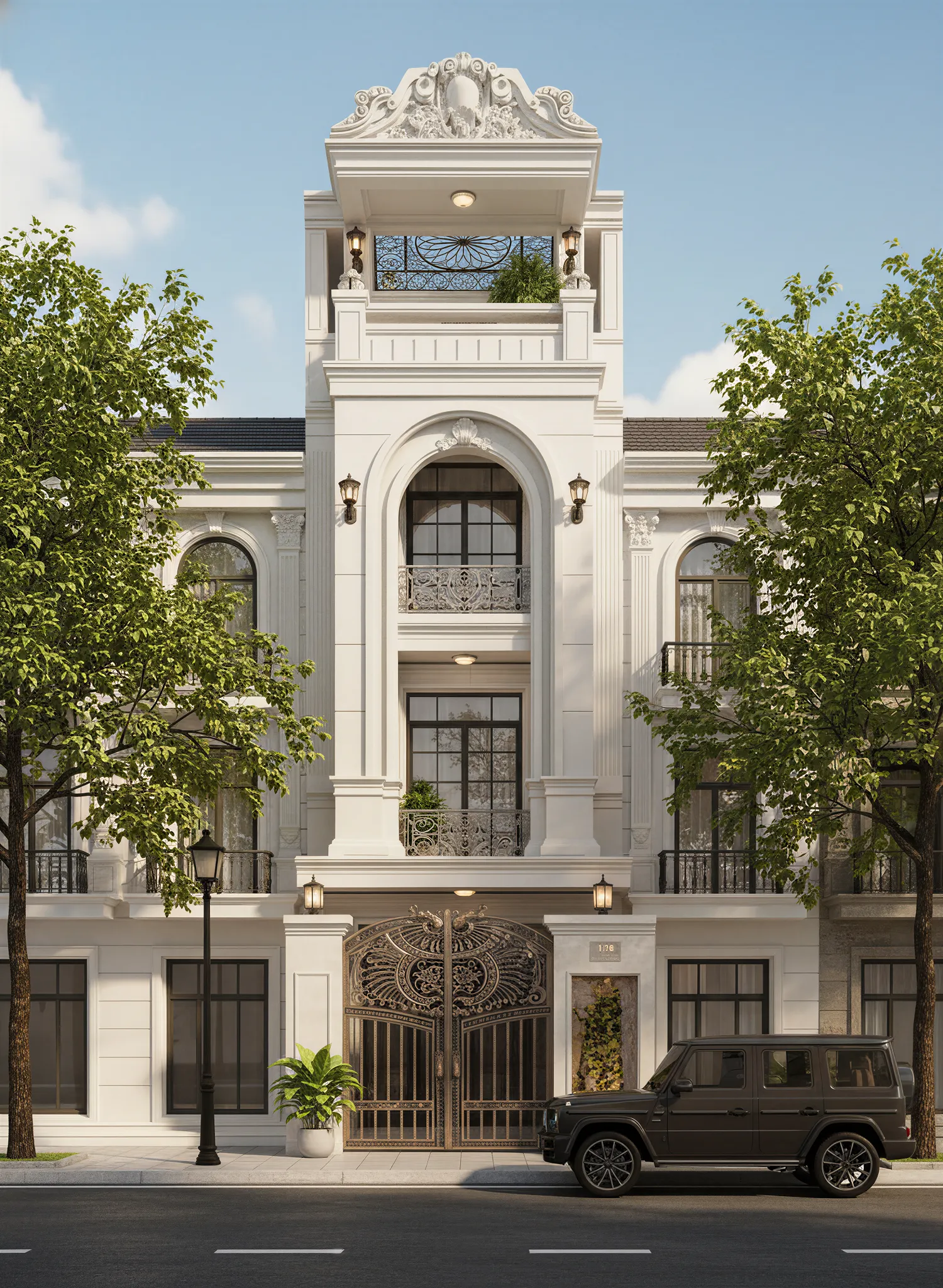 Mẫu nhà ống 4 tầng ngang 4m tân cổ điển màu trắng bề thế