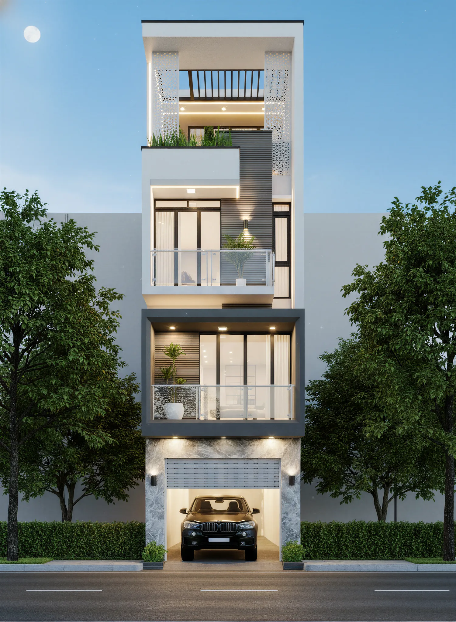 Mẫu nhà ống mặt phố 4 tầng ngang 4m có gara giếng trời hiện đại