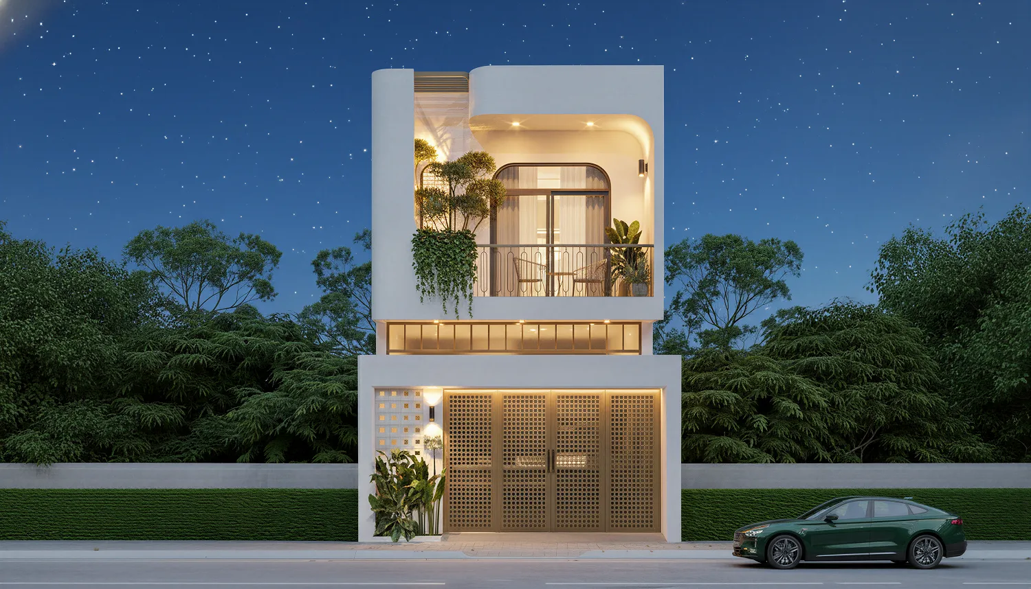 Mẫu nhà phố 1 trệt 1 lầu 5x20 hiện đại với kiến trúc bo cong tối giản