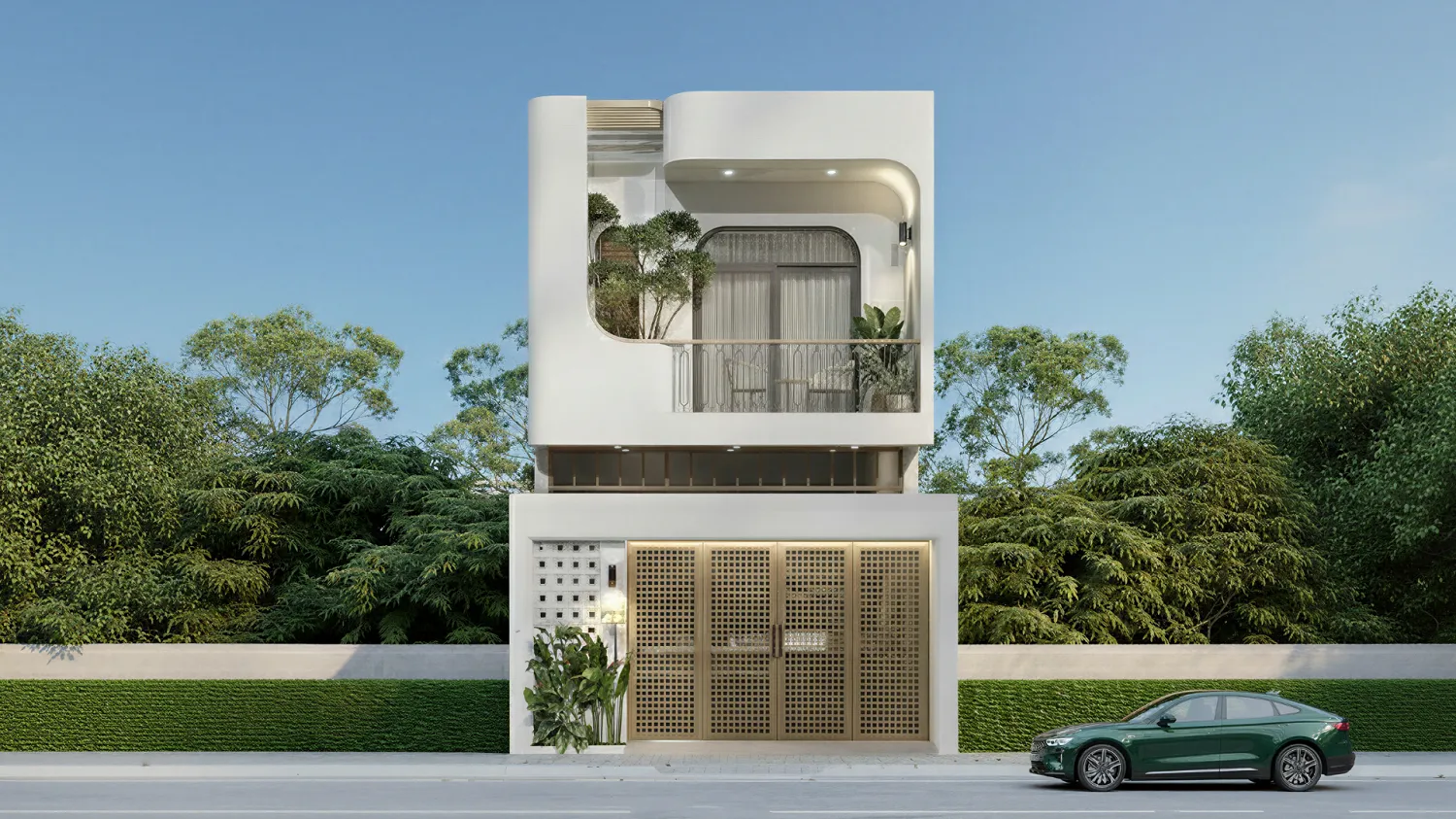 Mẫu nhà phố 1 trệt 1 lầu 5x20 hiện đại với kiến trúc bo cong tối giản