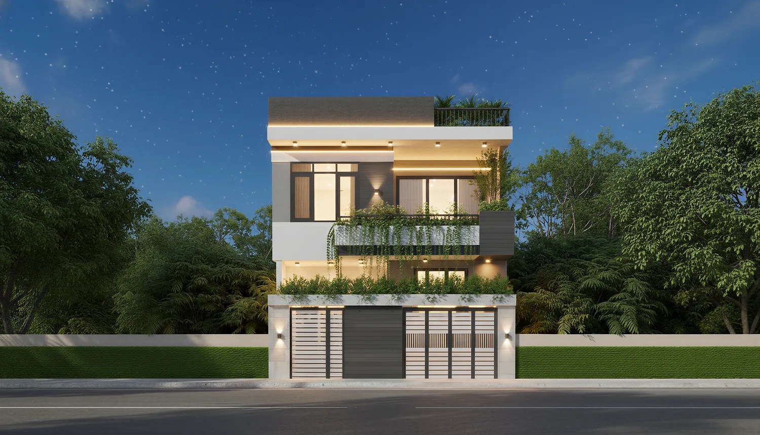 Nhà phố 2 tầng mặt tiền 7m hiện đại, với ban công rộng nhiều mãng xanh 1