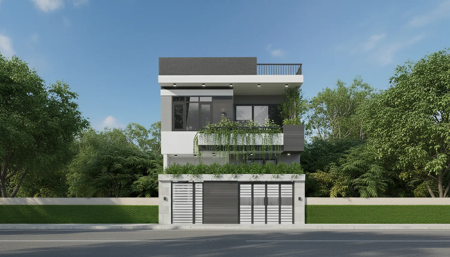 Nhà phố 2 tầng mặt tiền 7m hiện đại, với ban công rộng nhiều mãng xanh