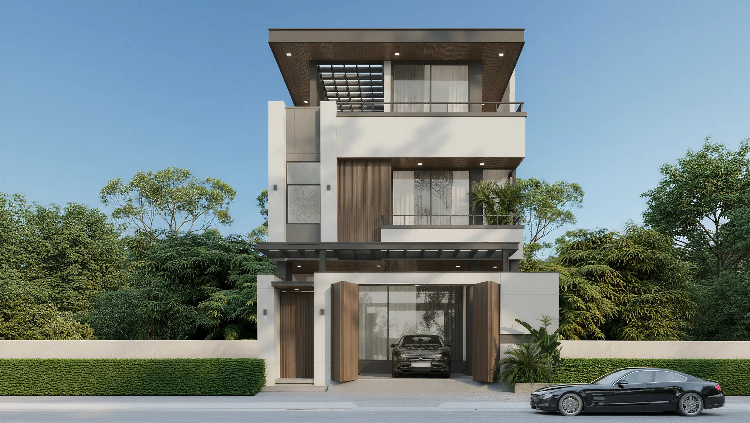 Mẫu nhà phố 3 tầng mặt tiền 8m sang trọng với hệ mái bằng tinh tế và có gara ô tô