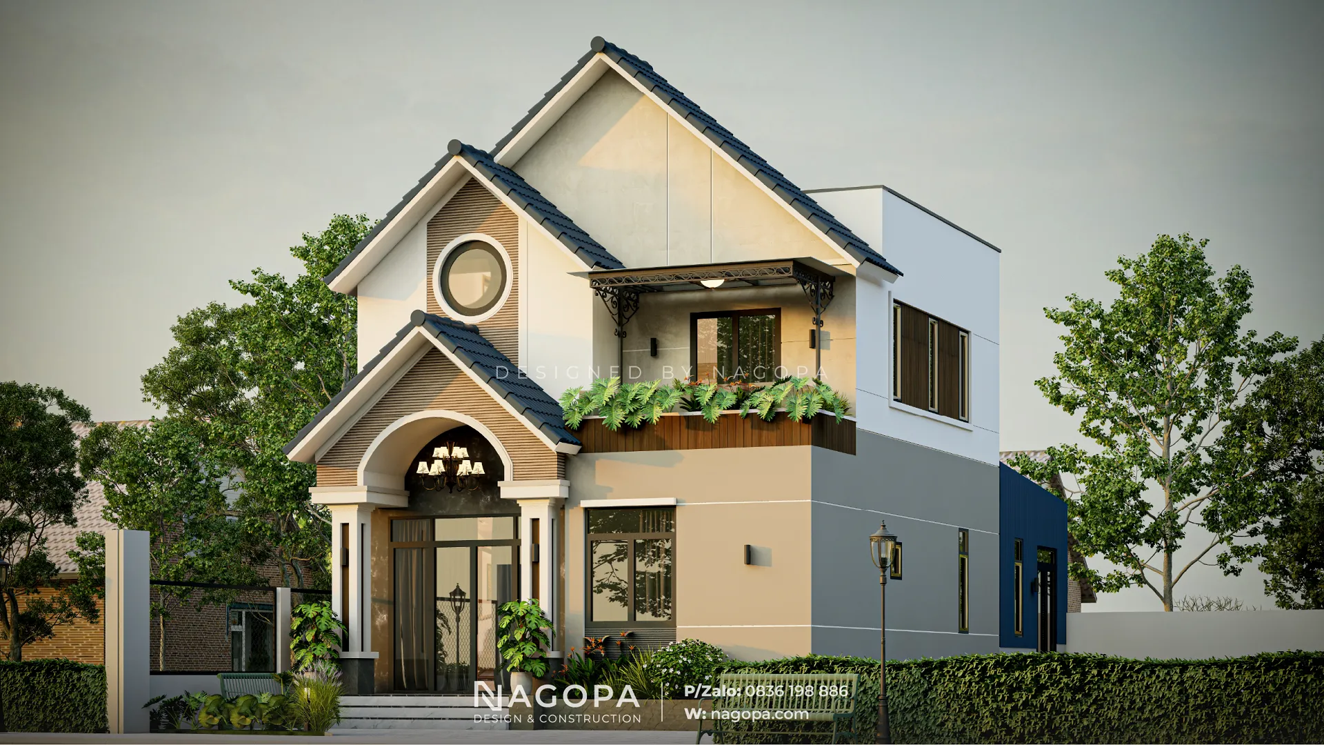 Mẫu thiết kế nhà 2 tầng mặt tiền 8m hiện đại mái thái tại Thủ Dầu Một thiết kế bởi NAGOPA