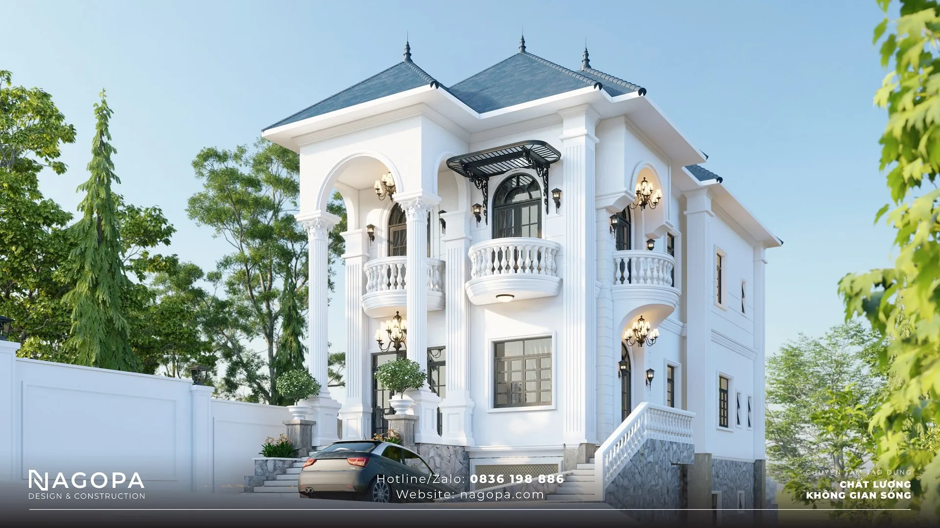 kiến trúc mẫu nhà 3 tầng mặt tiền 8m Tân cổ điển