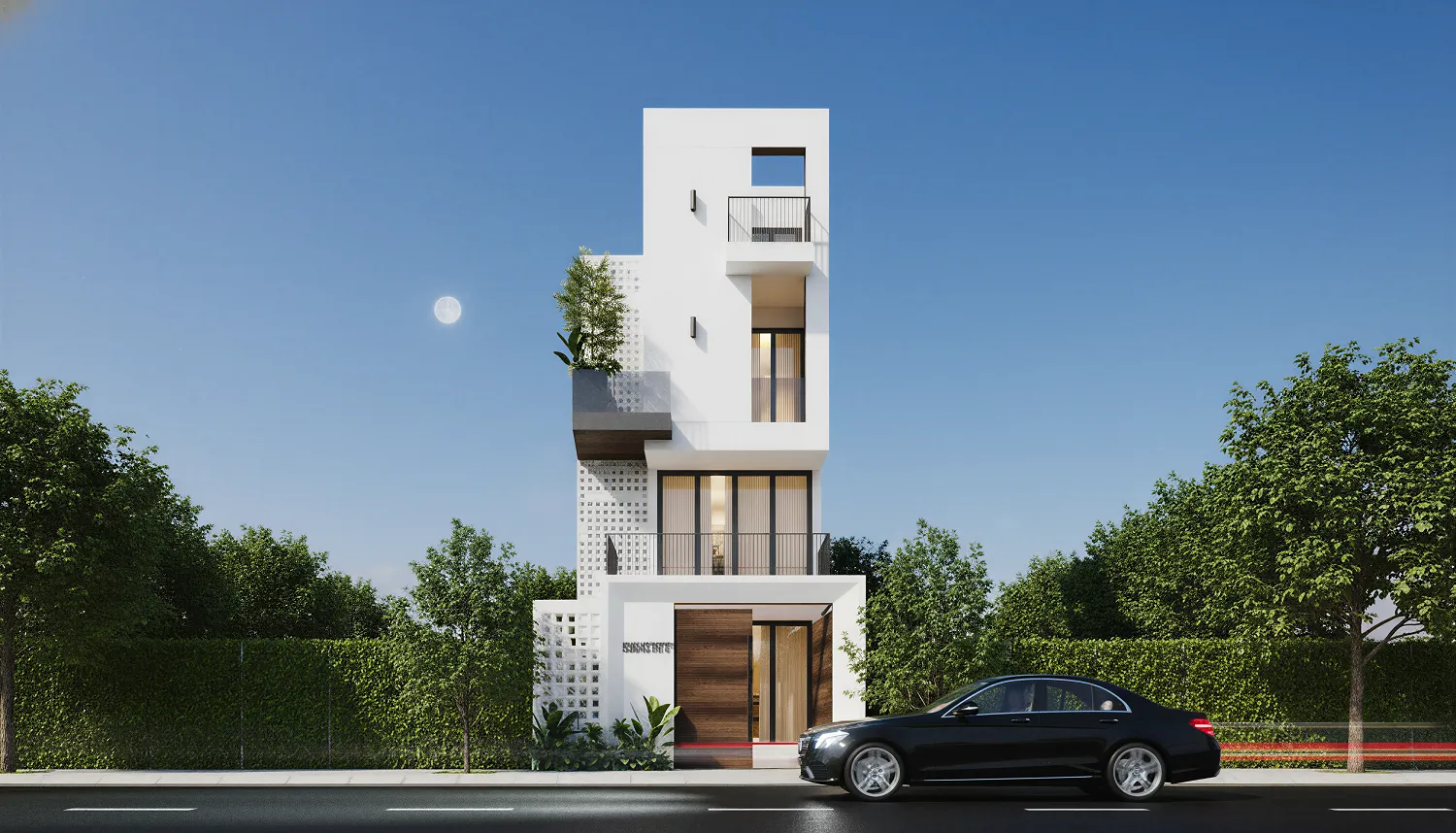 Mẫu thiết kế nhà ống 4 tầng mặt tiền 5m phong cách tối giản cảnh ban đêm